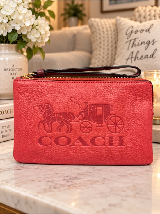 Coach Handbags - Coach Poppy Red Leather Large Corner Zip Wristlet with Horse & Carriage